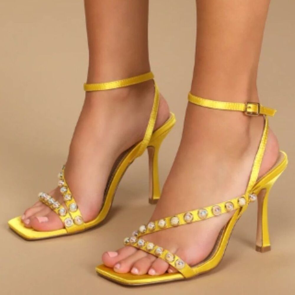 Lulus Women's Satin Pearl Strappy Heeled Sandals Party Marigold Shoes Size 8.5 - Picture 3 of 7